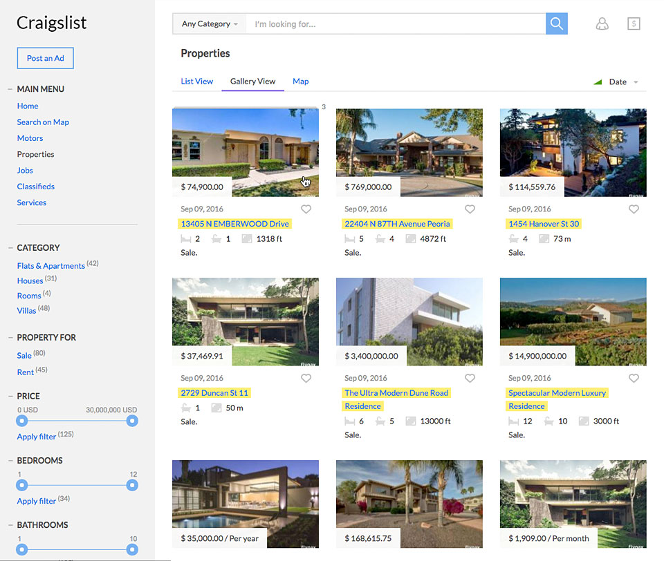 Craigslist clone search results page