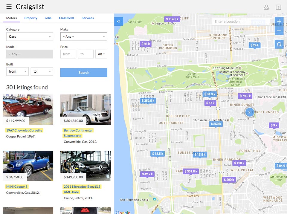 Craigslist clone search on map page